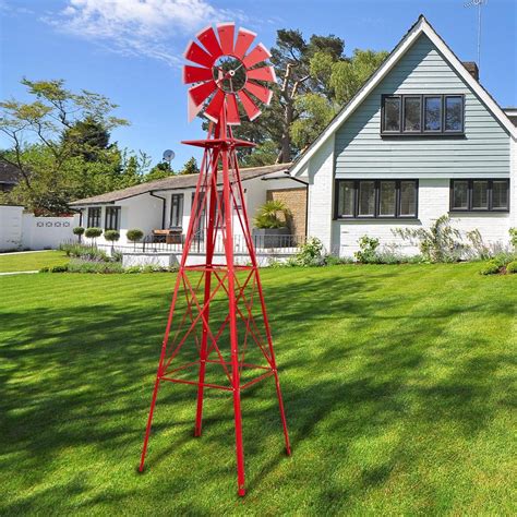 8ft Patio Metal Windmill Yard Garden Decoration Windmill Red Wind Mill