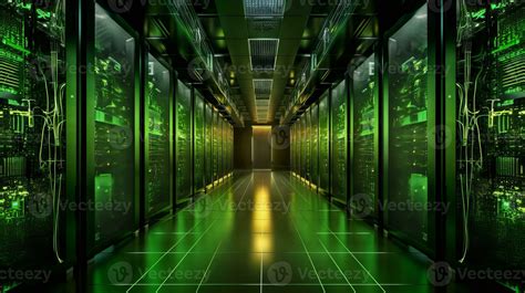 Server Room With A Futuristic Hallway Illuminated By Green Lights