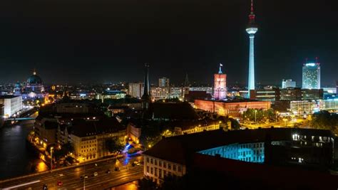 Aerial View Of Illuminated Landmarks In Berlin Germany At Night