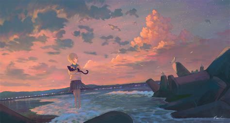Download 1440x3088 Anime School Girl Sunset Clouds Stars Birds