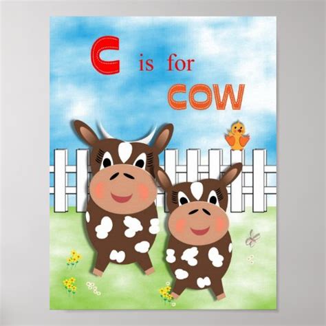 Cute Alphabet Letter C Is For Cow Whimsy Picture Poster Zazzle