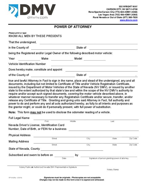 Motor Vehicle Power Of Attorney Form Nevada Free Download
