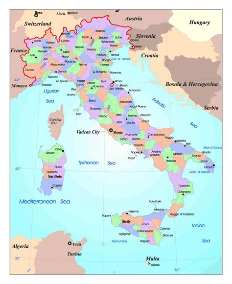 Детальная политическая и административная карта Италии с крупными