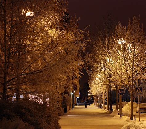 Snowy Winter Sidewalk At Night Finland Oulu Free Image Download