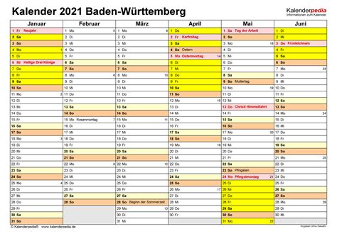 Kalender 2021 Baden Württemberg Ferien Feiertage Pdf Vorlagen