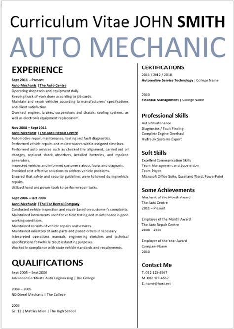Automotive mechanic resume example for car mechanic with experience as ase certified technician and sample showing skills in general automotive repair. Auto Mechanic Curriculum Vitae - Professional CV Zone ...