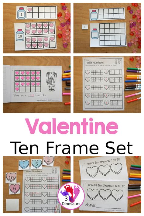 Valentine Ten Frame Printables For Prek And Kindergarten 3 Dinosaurs