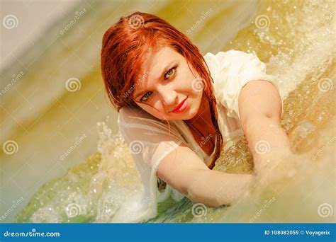 Redhead Woman Posing In Water During Summertime Stock Image Image Of