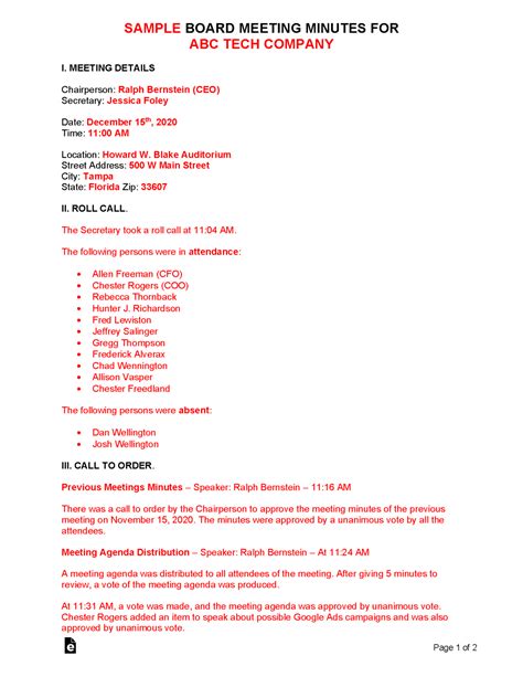 Free Board Meeting Minutes Template Sample Pdf Word Eforms