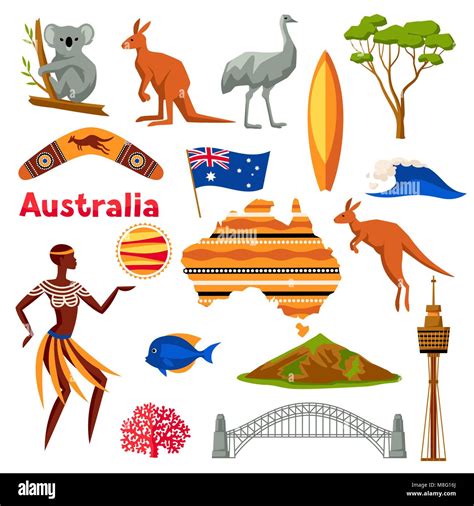 Australia Icons Set Australian Traditional Symbols And Objects Stock