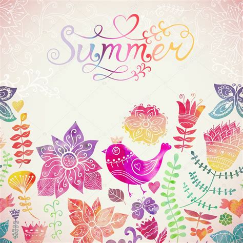 Vector Watercolor Floral Greeting Card With Summer Lettering Vintage
