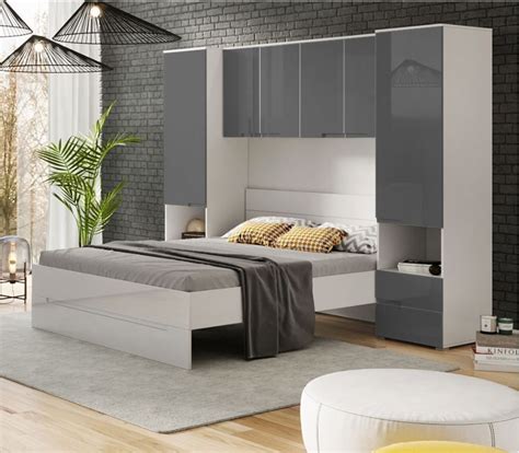Cellini Grey Gloss And White Overbed Storage Unit With Wardrobes