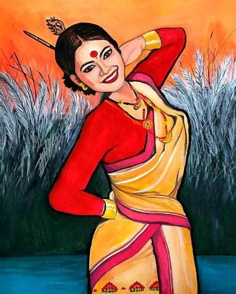 Beautiful Indian Art Painting Of A Woman In A Yellow And Red Sari