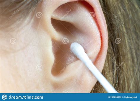 Close Up Woman Using Ear Cotton Swabs Hygienic Ears Sticks Stock