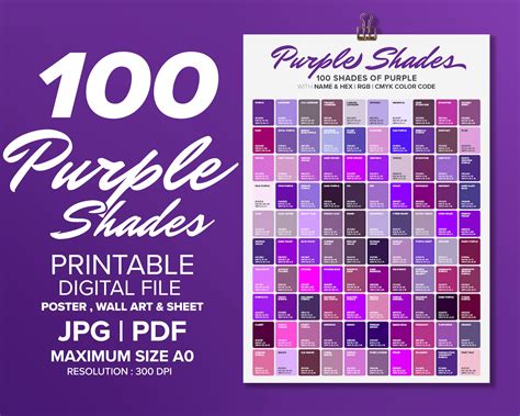 100 Purple Shades Color Poster Wall Art Color Chart And Sheet Color