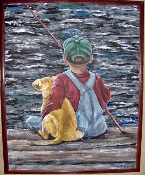 Painting Of Little Boy And Dog Fishing Fishing Painting Canvas
