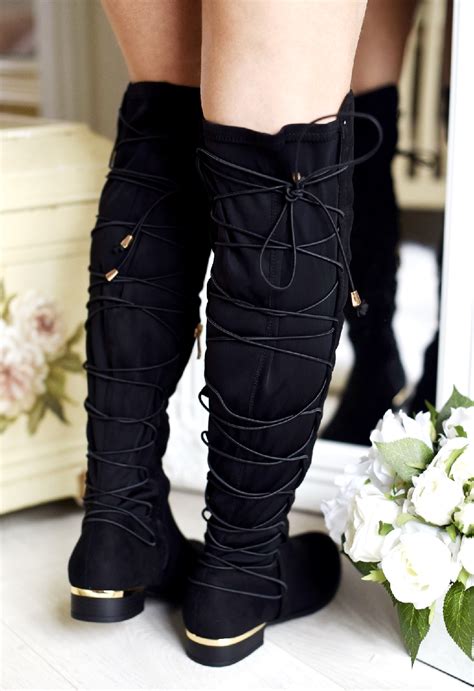 Ladies Womens Flat Stretchy Elastic Over The Knee High Lace Up Zip Boots Uk Size Ebay