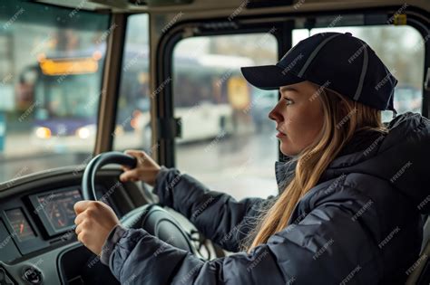 Premium Photo | Focused woman driving a city bus with buses and city