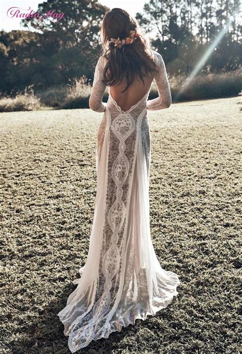 Sexy Backless Deep V Neck Wedding Dress Bohemian Beaded Sequin Long