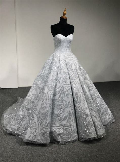 Silver Ball Gown Sweetheart Neck Floor Length Wedding Dress Floor