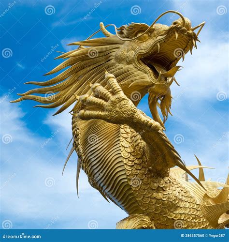 Chinese Golden Dragon Statue Against The Blue Sky Stock Photo Image