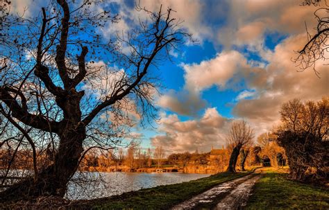 Outdoors Clouds Water Trees Dirt Road Fall Hd Wallpaper