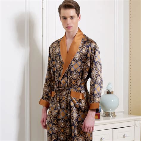 Silk Robes Male Long Sleeve Fashion Printed Bathrobe Robe 100 Silk Men