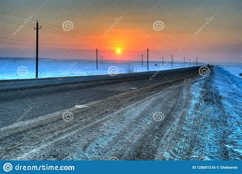 Winter Sunset On A Country Road Stock Photo Image Of