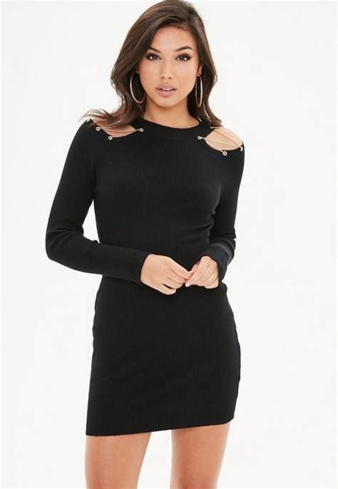Missguided Black Chain Detail Knit Bodycon Dress Dresses Sweaters