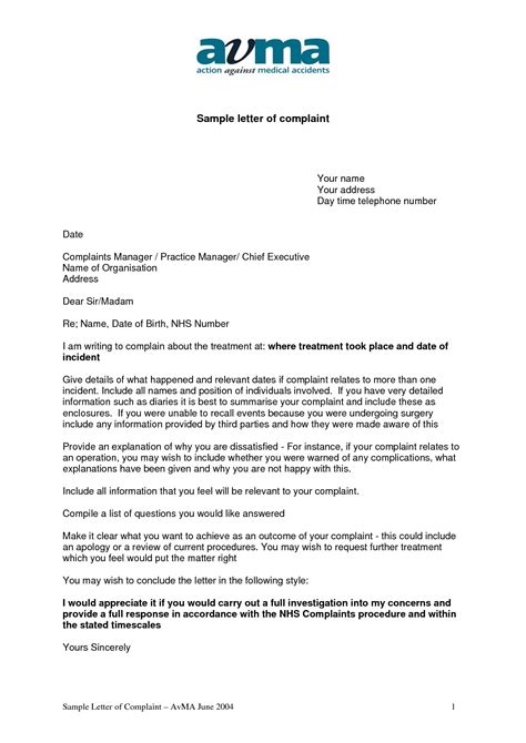 medical negligence complaint letter template examples