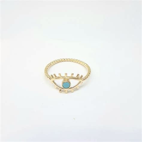 14k Real Solid Yellow Gold Turquoise Evil Eye Ring For Women Latika
