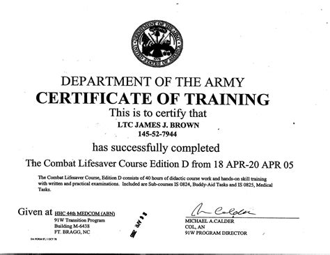 Combat Lifesaver Course – James J. Brown pertaining to Army Certificate