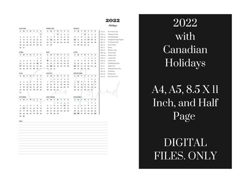 Printable 2022 Canadian Holidays Yearly One Page Calendar Etsy