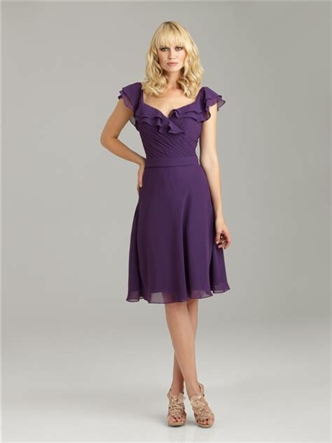 A Line V Neck Knee Length Short Purple Chiffon Bridesmaid Dress With