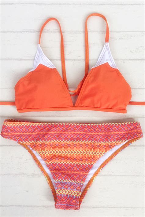 Orange Printed Two Piece Sexy Bikini Swimsuit
