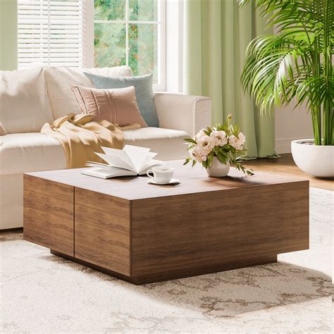 Japandi Square Coffee Table With 4 Drawers Storage Wooden Pedestal