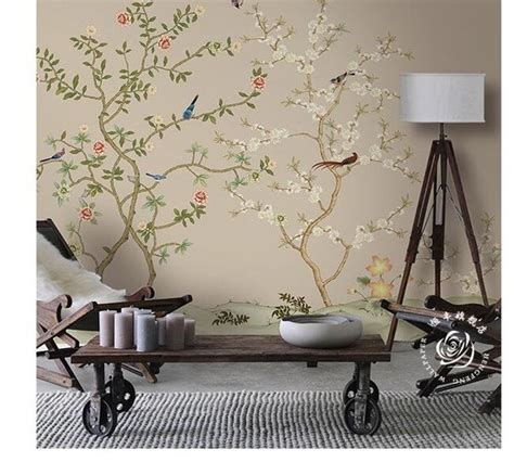 Hand Painted Cherry Tree Chinoiserie Wallpaper Wall Mural Vintage Flowers Birds Wall Mural