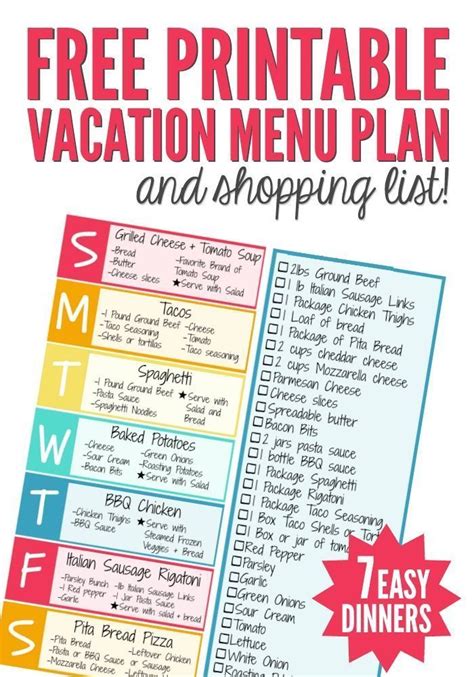 Free Printable Vacation Menu Plan And Shopping List Beach Vacation
