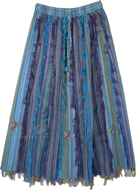 Gypsy Skirt In Blue Tones Long Vertical Patchwork Blue Patchwork