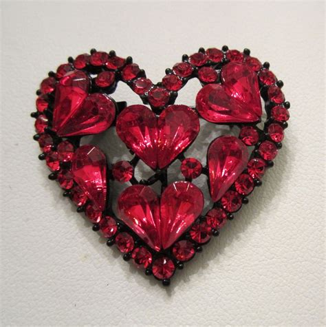 Red Rhinestone Heart Valentine Brooch In A Japanned Setting Heart
