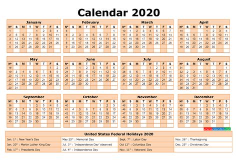 Printable Yearly Calendar 2020 With Holidays Word Pdf