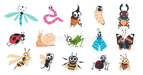 Funny Bugs Cartoon Cute Insects With Faces Caterpillar
