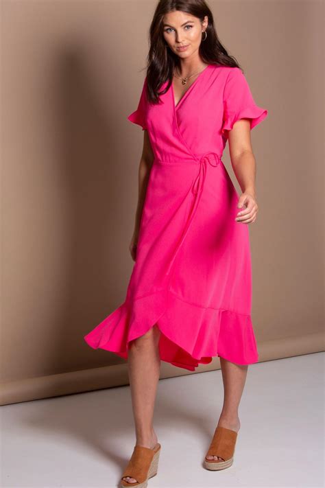 Frill Detail Woven Midi Wrap Dress Hot Pink Pour Moi