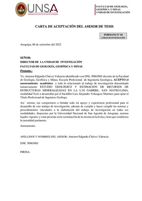 Carta De Aceptación Del Asesor De Tesis Facultad De GeologÍa