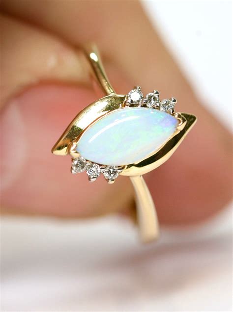 Stunning Vintage 14k Yellow Gold Opal And Diamond Ring Size O Or Us 7