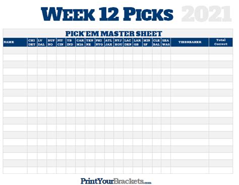 Nfl Week 12 Picks Master Sheet Grid 2020
