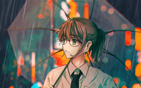 Download Wallpaper 2560x1600 Girl Glasses Umbrella Rain Anime
