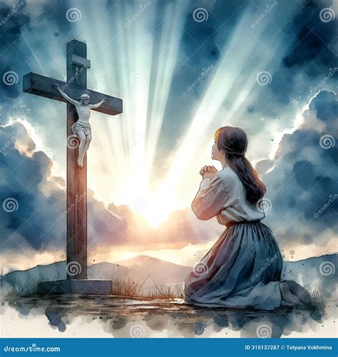 Woman Kneeling and Praying in Front of Cross Stock Image - Image of