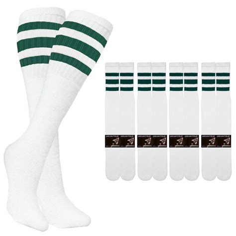 Dreamfield 4 Pairs Casual Knee High White Tube Socks Long Athletic Green Stripe Sport 10 15