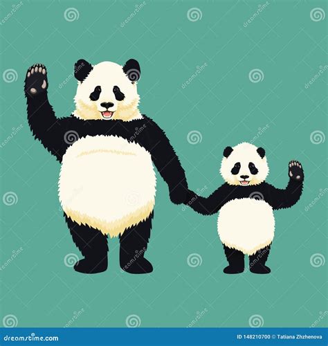 Adult Giant Panda And Baby Panda Standing Holding Hands And Waving